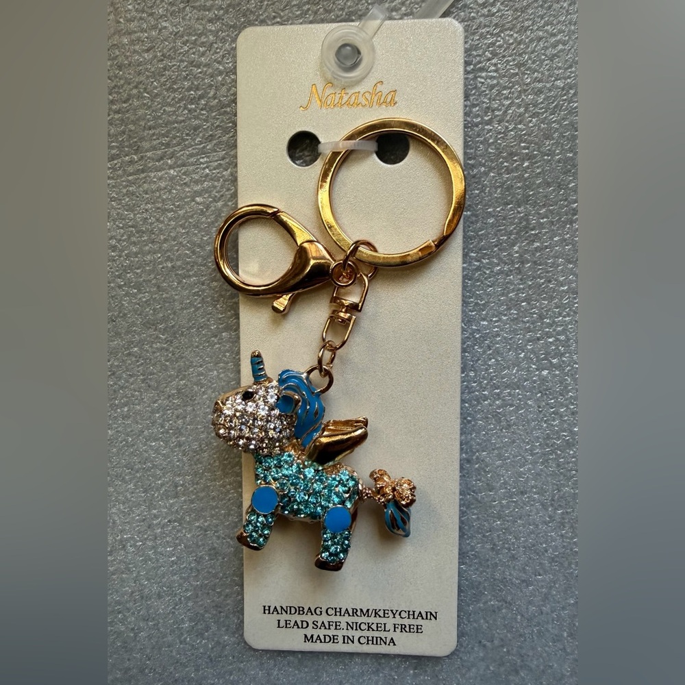 Natasha Couture Blue and Gold Unicorn  Bag Charm, Keychain